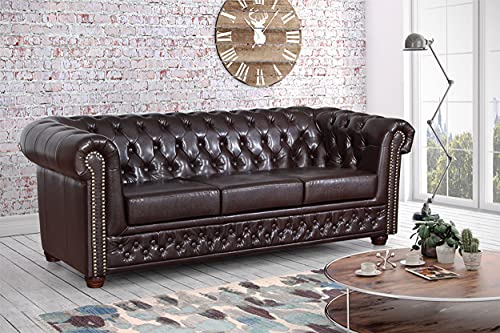 Edles Chesterfield Sofa 3 Sitzer in Kunstleder Vintage braun Couch Polstersofa von Kuechen-preisbombe