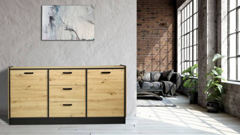 Küchen-Preisbombe Kommode Karia 180 cm Anbauwand Schrankwand Esszimmer Sideboard Artisan Schwarz von Küchen-Preisbombe