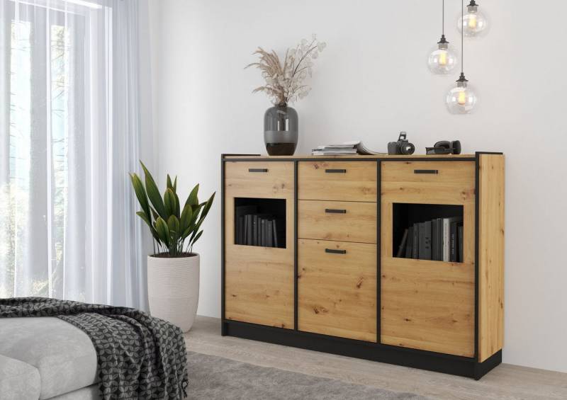 Küchen-Preisbombe Kommode Karia 180 cm Hochkommode Schrankwand Sideboard Eiche Artisan + Schwarz von Küchen-Preisbombe