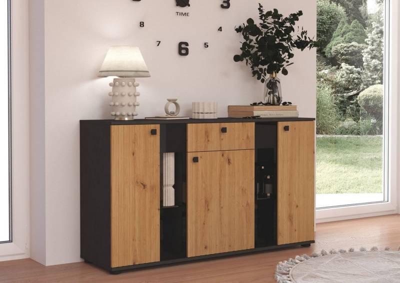 Küchen-Preisbombe Kommode Salsa 2 Lamellenoptik Anbauwand Wohnwand Sideboard MDF Artisan + Grau von Küchen-Preisbombe