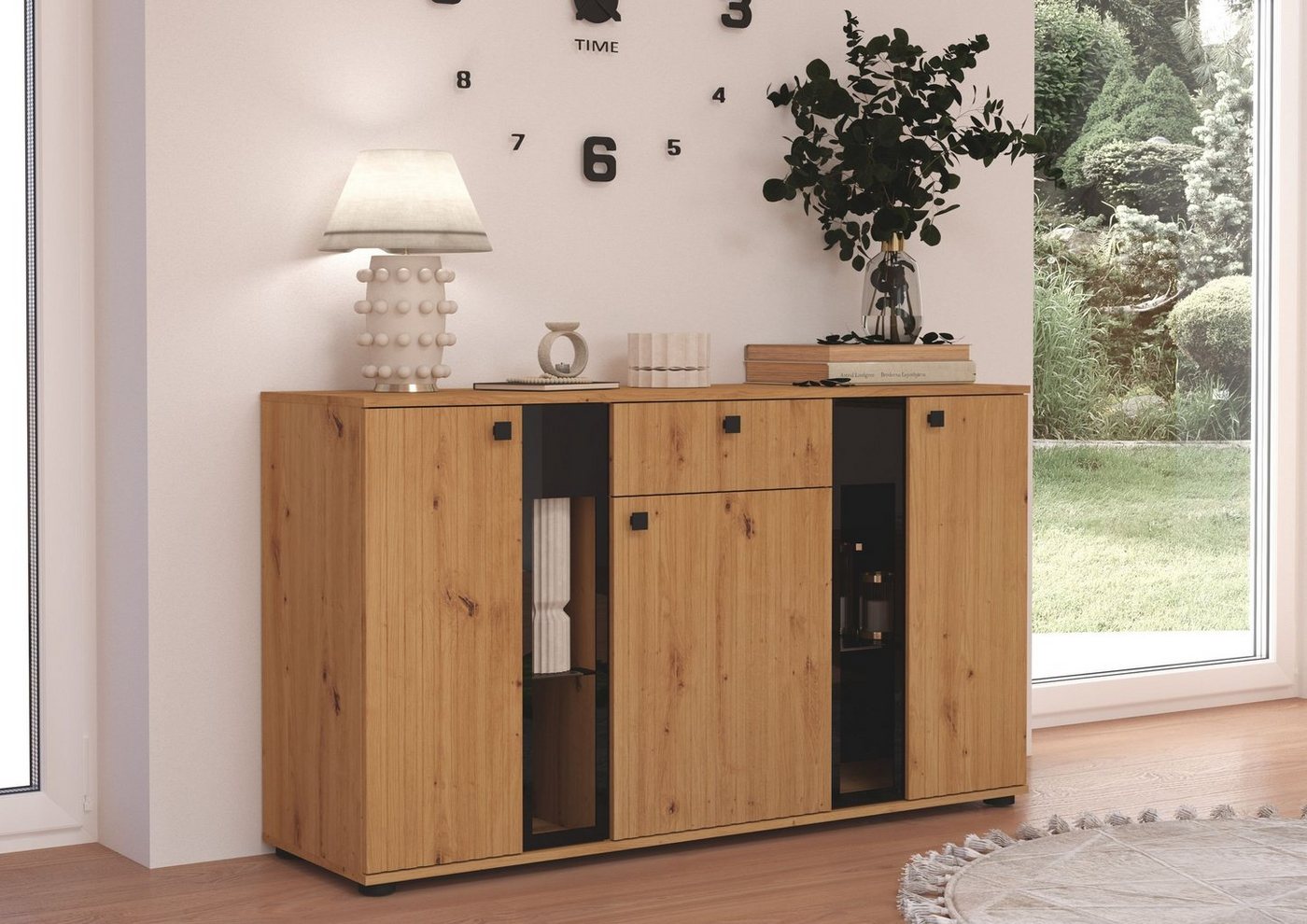 Küchen-Preisbombe Kommode Salsa 2 Lamellenoptik Anbauwand Wohnwand Sideboard MDF Eiche Artisan von Küchen-Preisbombe