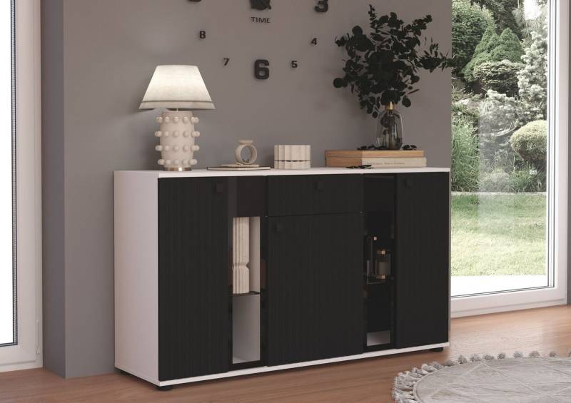 Küchen-Preisbombe Kommode Salsa 2 Lamellenoptik Anbauwand Wohnwand Sideboard MDF Schwarz + Weiss von Küchen-Preisbombe