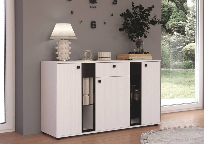 Küchen-Preisbombe Kommode Salsa 2 Lamellenoptik Anbauwand Wohnwand Sideboard MDF Weiss matt von Küchen-Preisbombe