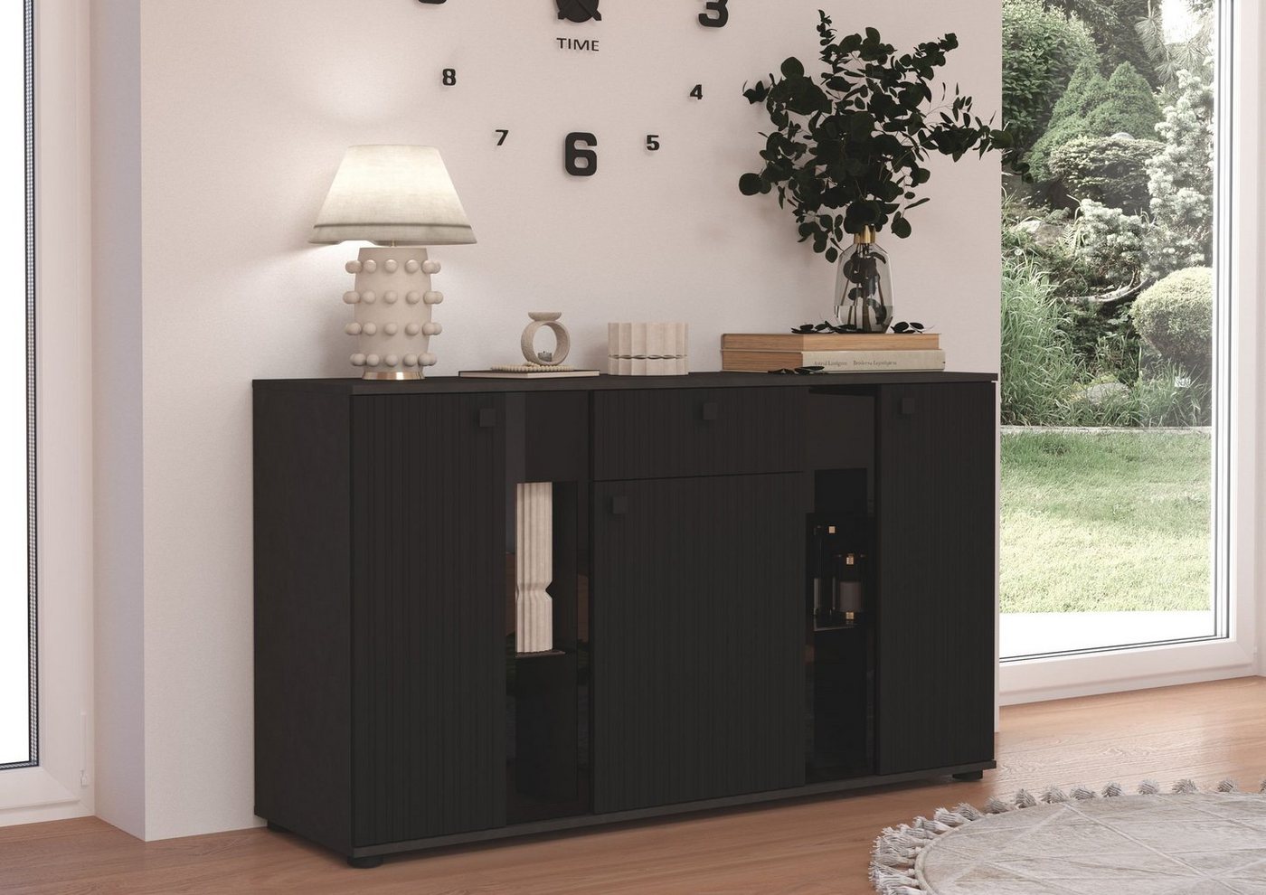 Küchen-Preisbombe Kommode Salsa 2 Lamellenoptik Anbauwand Wohnwand Wohnwand MDF Schwarz + Grau von Küchen-Preisbombe