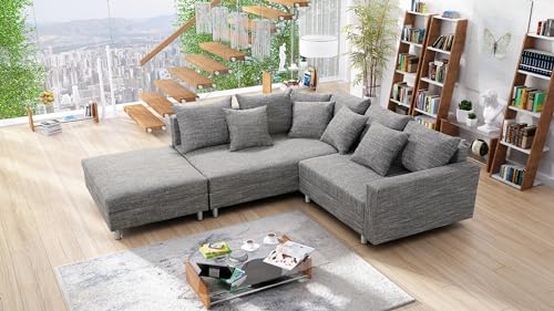 Küchen-Preisbombe Wohnlandschaft Sofa Couch Ecksofa Eckcouch Gewebestoff hellgrau + Hocker Minsk L von Kuechen-preisbombe