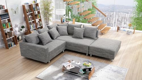 Küchen-Preisbombe Wohnlandschaft Sofa Couch Ecksofa Eckcouch Gewebestoff hellgrau + Hocker Minsk R von Kuechen-preisbombe