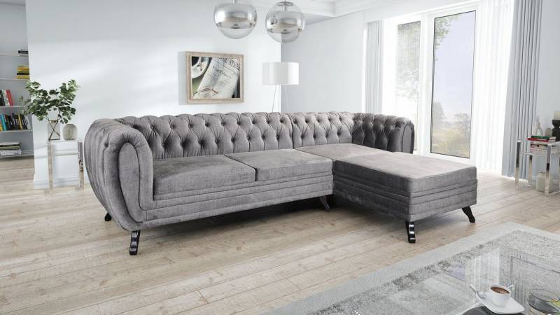 Küchen-Preisbombe Sofa Edles Ecksofa 3 Sitzer Velours grau Couch Polstersofa Wohnlandschaft, Chesterfield Sofa von Küchen-Preisbombe