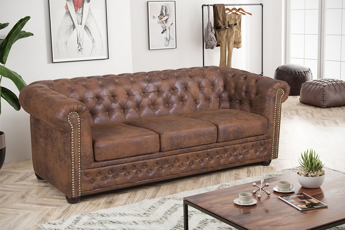 Küchen-Preisbombe Sofa Edles Sofa 3 Sitzer in Mikrofaser Vintage braun Couch Polstersofa, Chesterfield Sofa Küchen-Preisbombe Sofa Edles Sofa 3 Sitzer in Mikrofaser Vintage braun Couch Polstersofa, Chesterfield Sofa von Küchen-Preisbombe