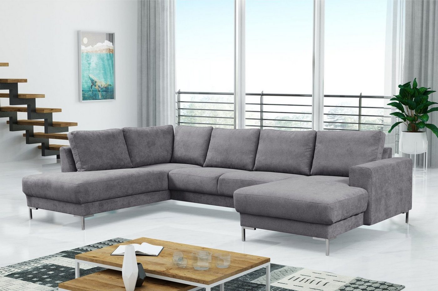 Küchen-Preisbombe Sofa Modernes Couch Ecksofa Eckcouch Wohnlandschaft hellgrau Silvio XXL II, Sofa in U-Form von Küchen-Preisbombe