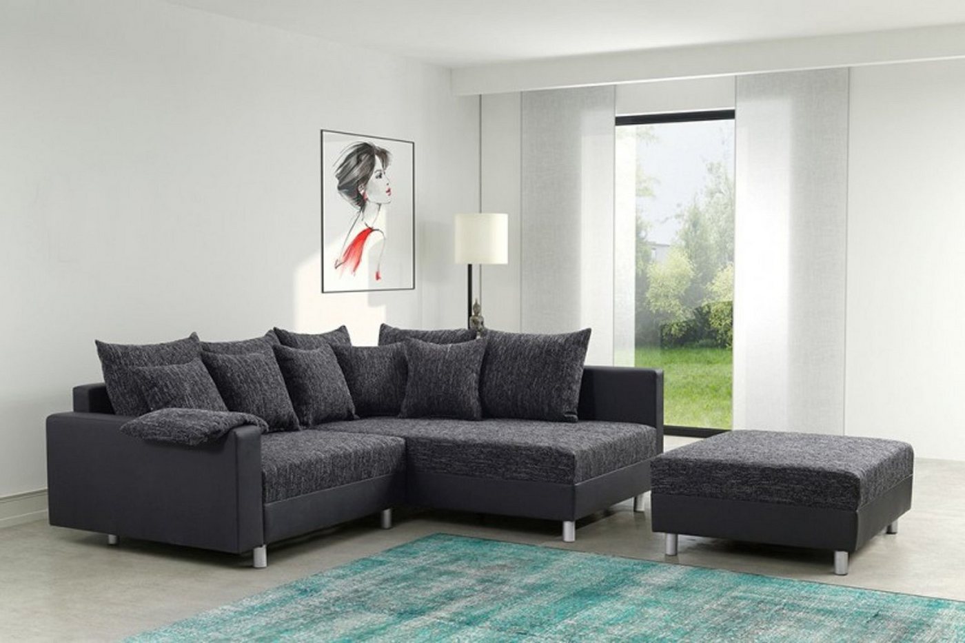 Küchen-Preisbombe Sofa Wohnlandschaft Sofa Couch Ecksofa Eckcouch schwarz Eckcouch Minsk OT R, Ecksofa + Hocker von Küchen-Preisbombe