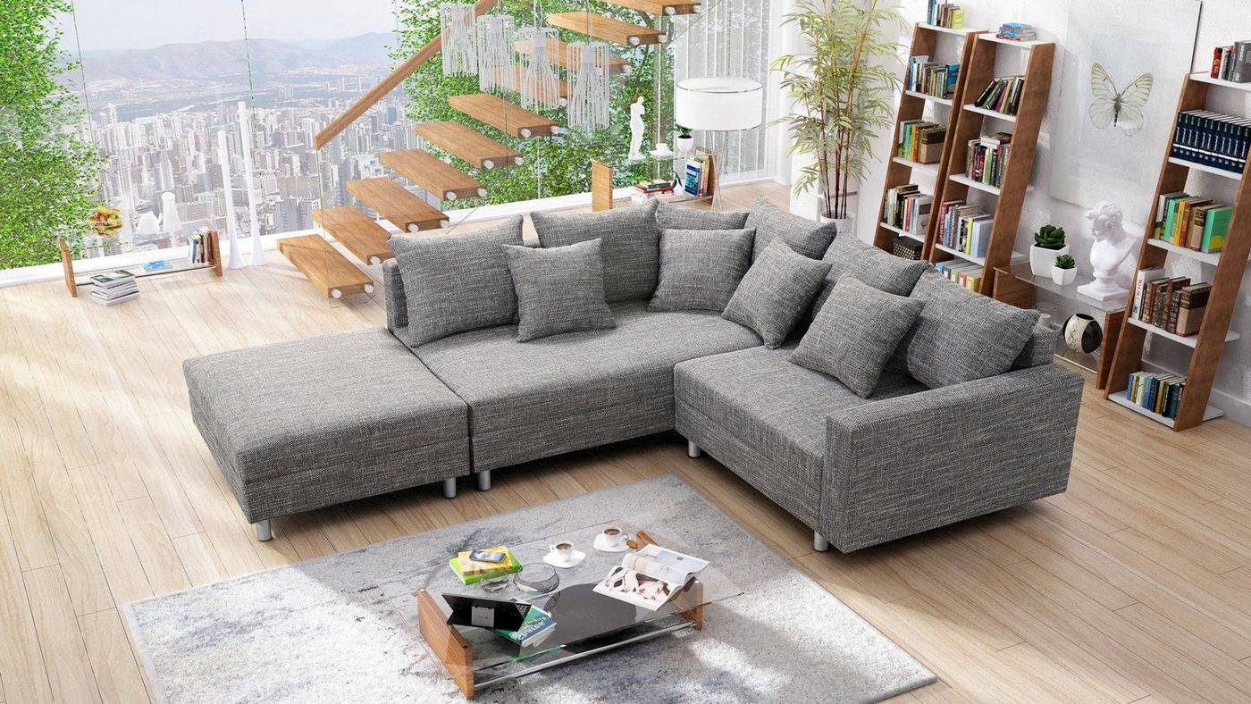 Küchen-Preisbombe Sofa Wohnlandschaft Couch Ecksofa Eckcouch Gewebestoff hellgrau Minsk L, Ecksofa + Hocker von Küchen-Preisbombe