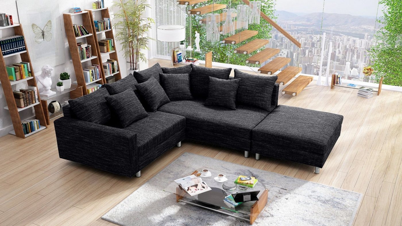 Küchen-Preisbombe Sofa Wohnlandschaft Couch Ecksofa Eckcouch Gewebestoff schwarz Minsk R, Ecksofa + Hocker von Küchen-Preisbombe