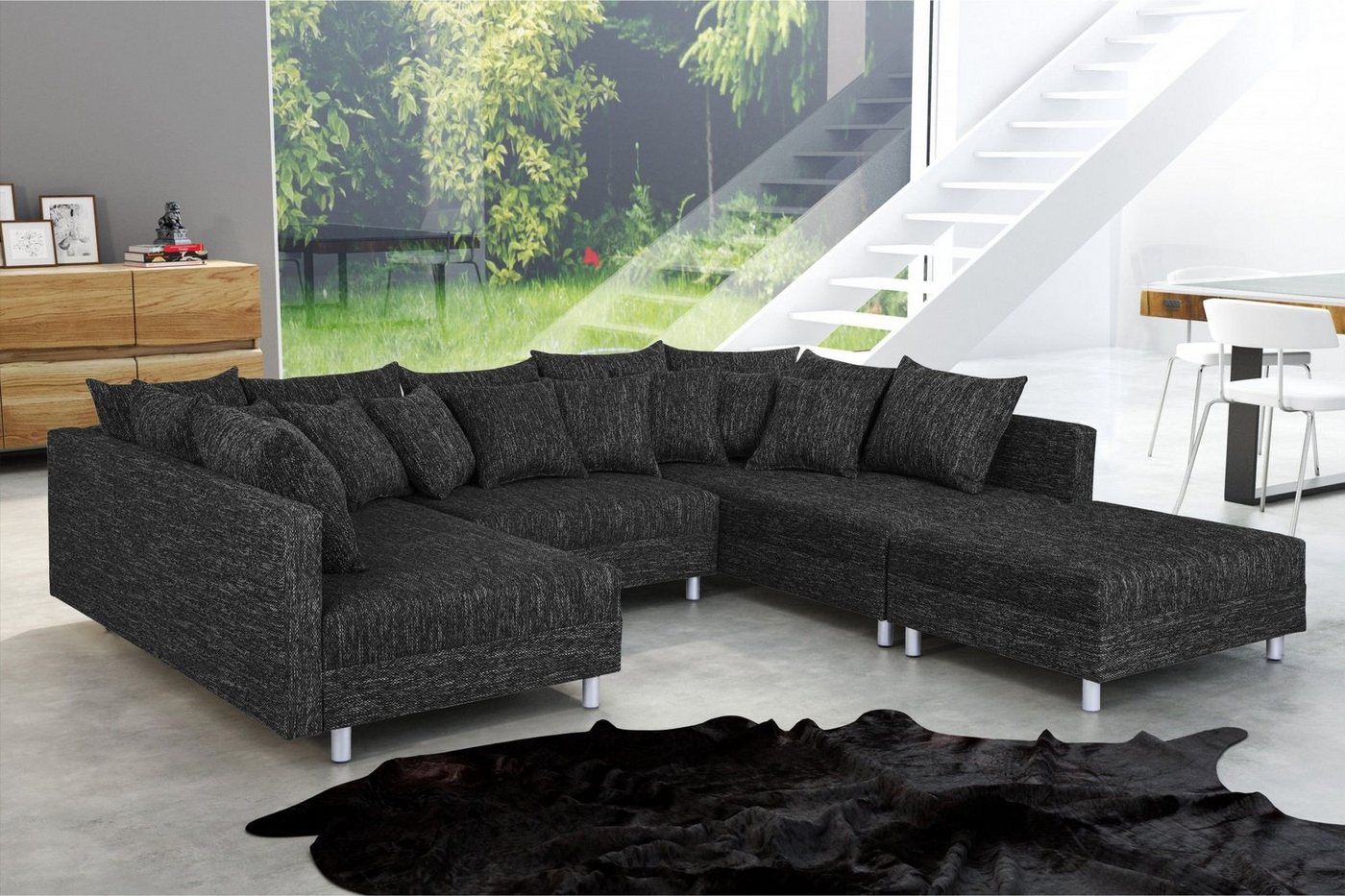 Küchen-Preisbombe Sofa Wohnlandschaft Couch Ecksofa Eckcouch in Gewebestoff schwarz Minsk XXL, Sofa in U-Form mit Hocker von Küchen-Preisbombe