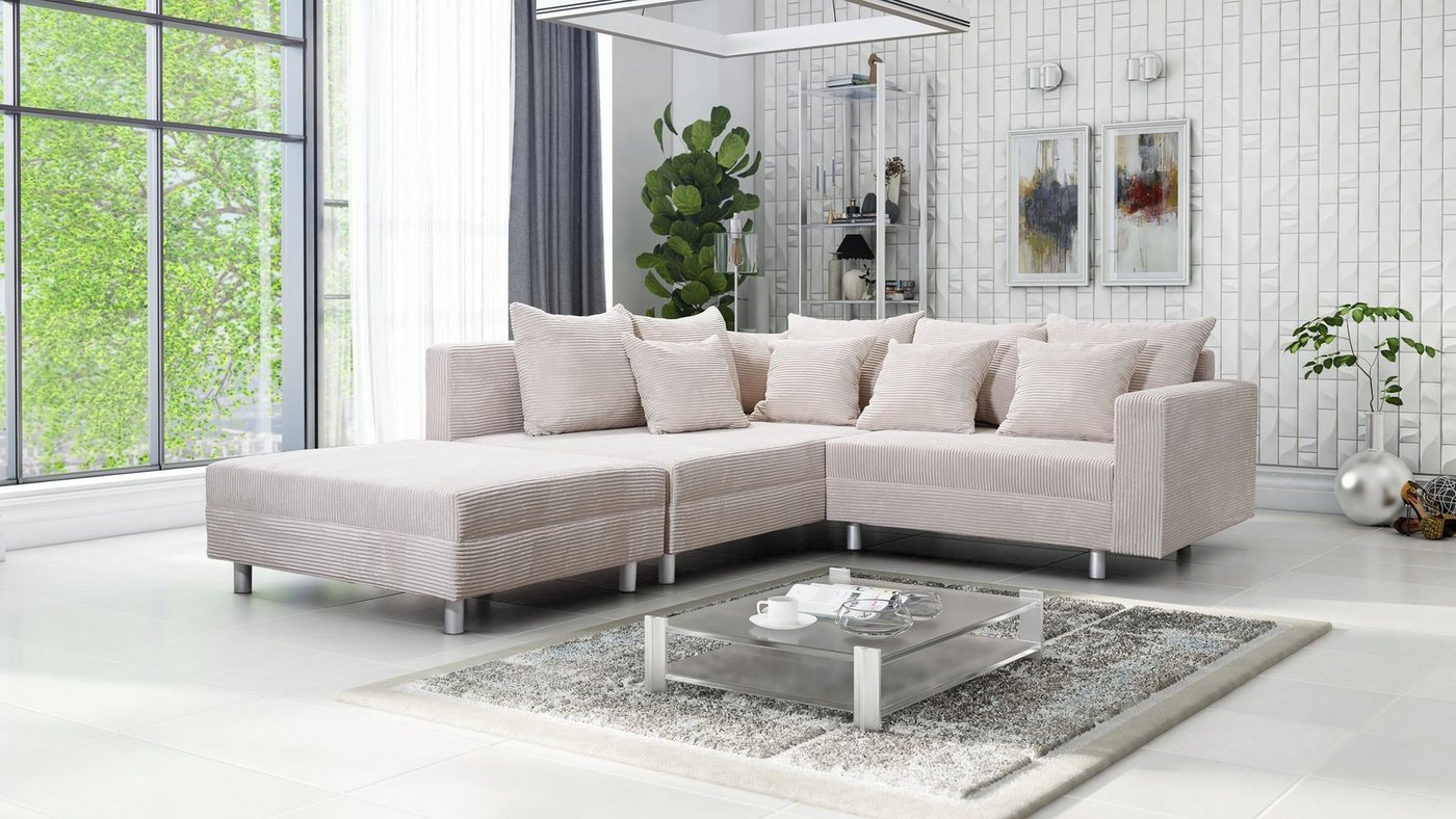 Küchen-Preisbombe Sofa Wohnlandschaft Sofa Couch Ecksofa Eckcouch Cordstoff beige Minsk L, Ecksofa + Hocker von Küchen-Preisbombe