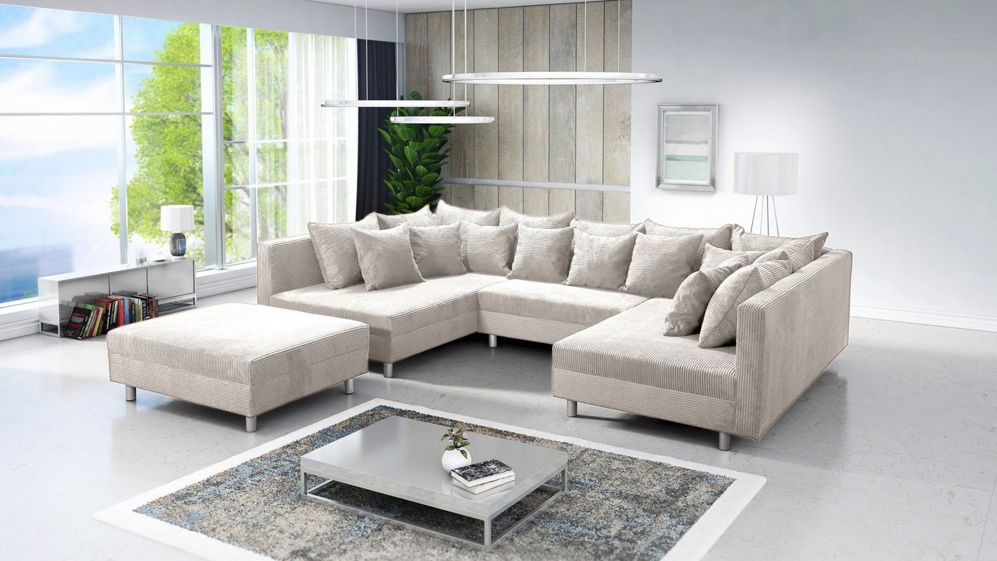 Küchen-Preisbombe Sofa Wohnlandschaft Sofa Couch Ecksofa Eckcouch Cordstoff beige Minsk XXL, Sofa in U-Form mit Hocker von Küchen-Preisbombe