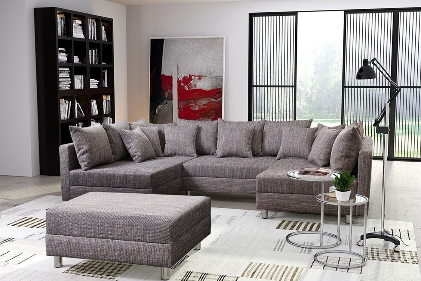 Küchen-Preisbombe Sofa Wohnlandschaft Couch Ecksofa Eckcouch Gewebestoff hellgrau Minsk XXL, Sofa in U-Form mit Hocker von Küchen-Preisbombe