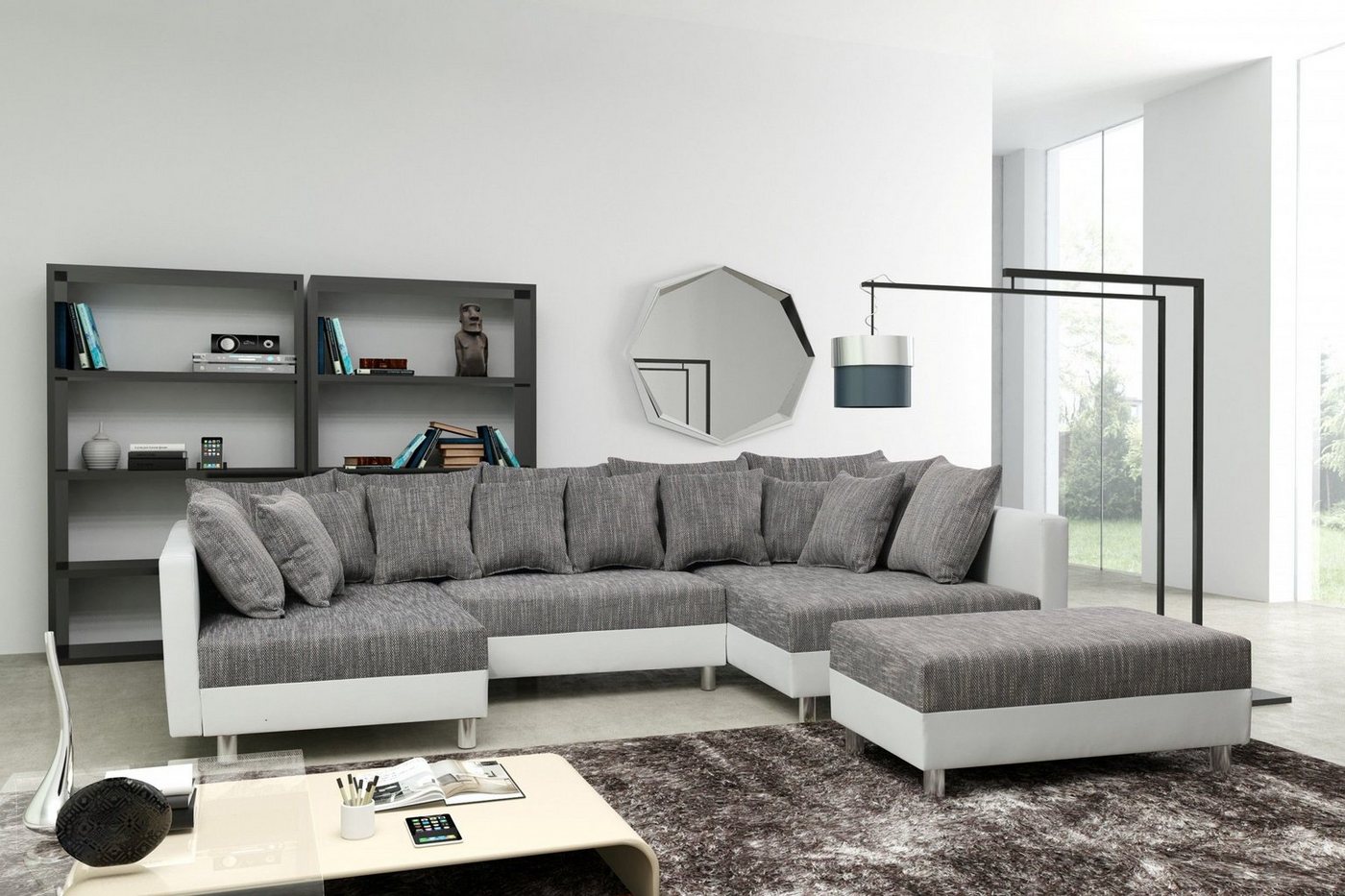 Küchen-Preisbombe Sofa Wohnlandschaft Sofa Couch Ecksofa Eckcouch weiß / hellgrau Minsk XXL, Sofa in U-Form mit Hocker von Küchen-Preisbombe