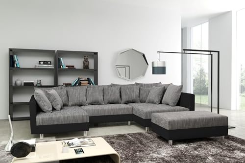 Küchen-Preisbombe Wohnlandschaft Sofa Couch Ecksofa Eckcouch + Hocker schwarz/hellgrau Minsk XXL von Kuechen-preisbombe