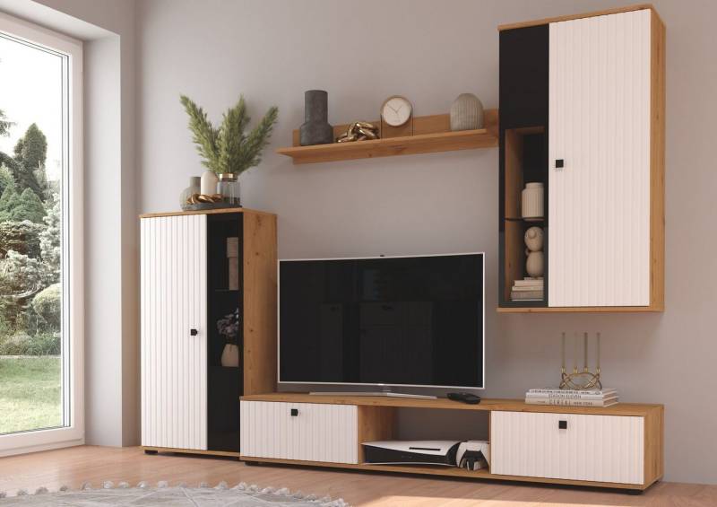 Küchen-Preisbombe Wohnwand Salsa 2 Lamellenoptik Anbauwand Schrankwand MDF Weiss + Eiche Artisan, (4-St) von Küchen-Preisbombe