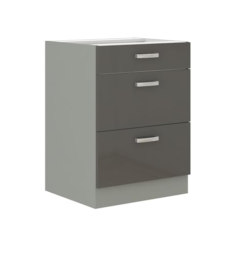 Küchen Unterschrank 60 cm Grau Hochglanz Vollauszug Soft-Close Küche Grey Bianca von Kuechen-Preisbombe