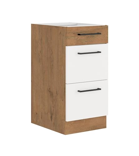 Vigo Unterschrank 40 Eiche Lancelot Weiß Hochglanz Küchenzeile Soft-Close Küche von Kuechen-preisbombe