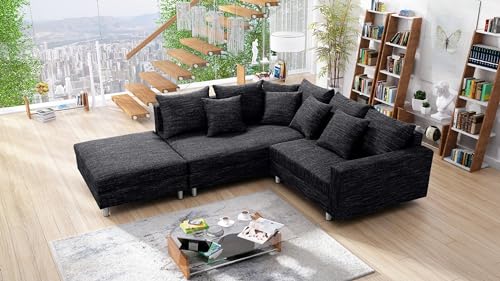 Küchen-Preisbombe Wohnlandschaft Sofa Couch Ecksofa Eckcouch Gewebestoff schwarz + Hocker Minsk L von Kuechen-preisbombe