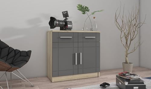 Kuechen-preisbombe Kommode Sideboard Paris 2F-2S Wohnwand Wohnzimmer Anbauwand Grau + Sonoma Eiche von Kuechen-preisbombe