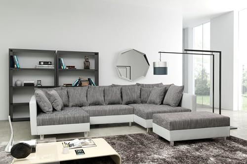 Kuechen-preisbombe Wohnlandschaft Sofa Couch Ecksofa Eckcouch + Hocker weiß/hellgrau Minsk XXL von Kuechen-preisbombe