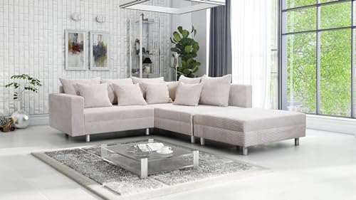 Kuechen-preisbombe Wohnlandschaft Sofa Couch Ecksofa Eckcouch Cordstoff beige + Hocker Minsk R von Kuechen-preisbombe