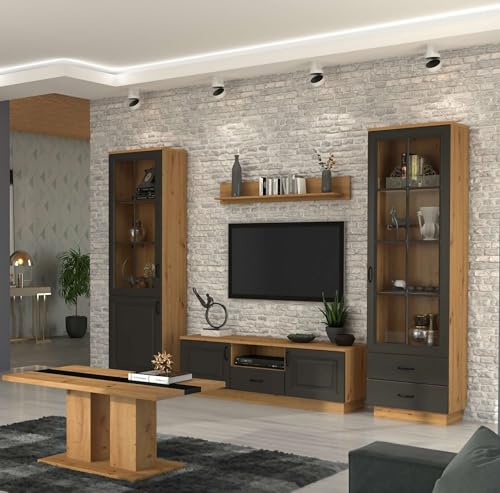 Kuechen-preisbombe Wohnwand Stilo 270 cm Wohnzimmer Landhaus Grau Eiche Artisan Buffet Küche von Kuechen-preisbombe