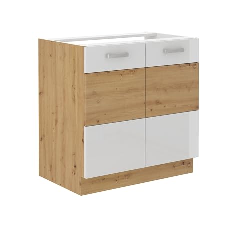 Spülenschrank 80 cm Eiche Artisan + Weiß Hochglanz Küchenzeile Küchenblock Küche von Kuechen-preisbombe