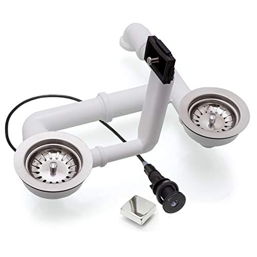 Spülenablauf 3 1/2" für Doppelbecken mit Überlauf rechteckig 2 x Siebkorbventil Ø 114 mm Ablaufgarnitur EXA35/2-RS-20-4-5 mit Drehexcenter Auswahl Edelstahl poliert Design quadratisch von küchenmix