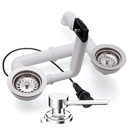 Spülenablauf 3 1/2" für Doppelbecken mit Überlauf rechteckig 2 x Siebkorbventil Ø 114 mm Ablaufgarnitur EXA35/2-RS-40-4-5 mit Schock Ladon Drehexcenter-Kombination mit Spülmittelspender von KüchenMIX