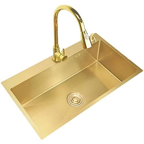 Kücheninstallation Küchen Quadratische Edelstahlspüle Goldenes Waschbecken Küche Geschirrspülen, Gemüsespüle Kleine Wohnung Einzeltank im Badezimmer Mit Wasserhahn Küchenspülen, Gold, 75*45cm von Kücheninstallation