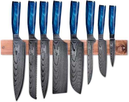 KÜCHENKOMPANE – Edelstahl Messerset Shiburu mit magn. Messerleiste als Messerblock | 8-teiliges Küchenmesser Set im Damast Design | Kochmesser mit ergonomischen Epoxid-Griff | Designed in Germany von Küchenkompane