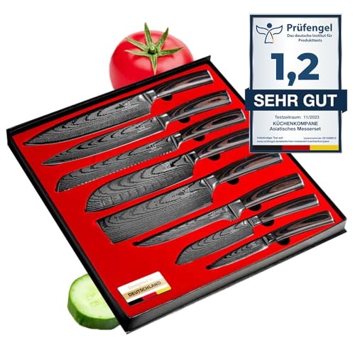 Küchenkompane - asiatisches Edelstahl Messerset Premium - 8-teiliges Küchenmesser Set - Kochmesser mit ergonomischem Pakkaholzgriff inkl. Geschenkbox - rostfreie & scharfe Messer - Designed in Germany von Küchenkompane