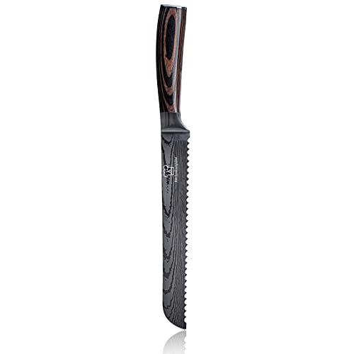 KÜCHENKOMPANE – asiatisches Brotmesser aus 7CR17 Edelstahl mit ergonomischen Pakkaholzgriff inkl. Geschenkbox | Küchenmesser im eleganten Damast Design | rostfrei & scharf | Made in Germany von Küchenkompane