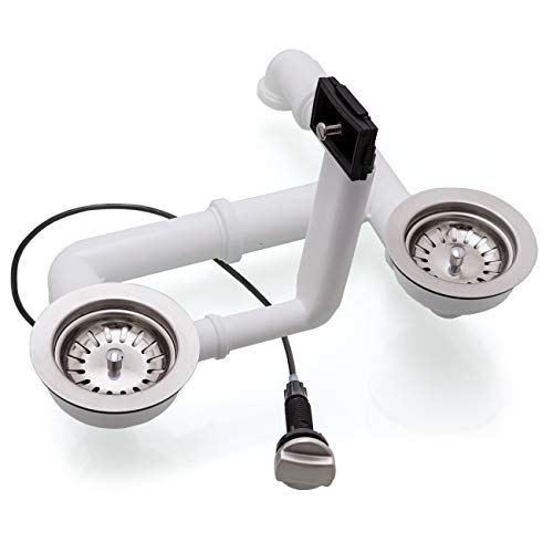 Spülenablauf 3 1/2" für Doppelbecken mit Überlauf rechteckig 2 x Siebkorbventil Ø 114 mm Ablaufgarnitur EXA35/2-RS-10-4-5 mit Drehexcenter Auswahl Edelstahl gebürstet von küchenmix
