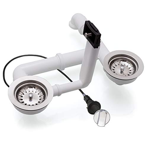 Spülenablauf 3 1/2" für Doppelbecken mit Überlauf rechteckig 2 x Siebkorbventil Ø 114 mm Ablaufgarnitur EXA35/2-RS-12-4-5 mit Drehexcenter Auswahl Edelstahl poliert von küchenmix