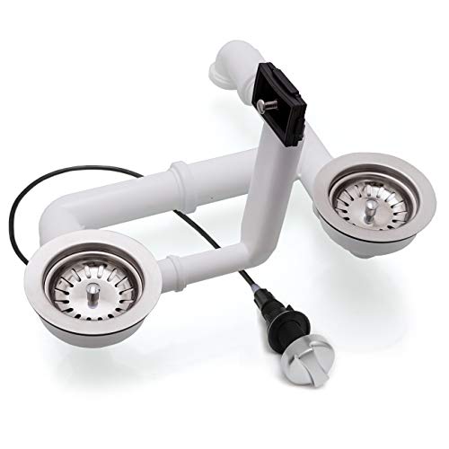 Spülenablauf 3 1/2" für Doppelbecken mit Überlauf rechteckig 2 x Siebkorbventil Ø 114 mm Ablaufgarnitur EXA35/2-RS-2-4-5 mit Drehexcenter Auswahl Chrom Matt (Silber) von küchenmix