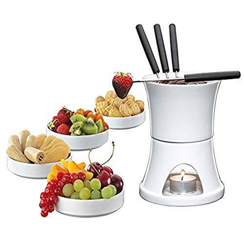 Cilio Schokoladenfondue 10-tlg. , Schokoladen-Fondue-Set aus feuerfestem Hartporzellan , ø 12 cm , Inkl. Fonduetopf, Rechaud, 4 Fonduegabeln, 4 Schüsseln aus Porzellan und 1 Teelicht von Küchenprofi