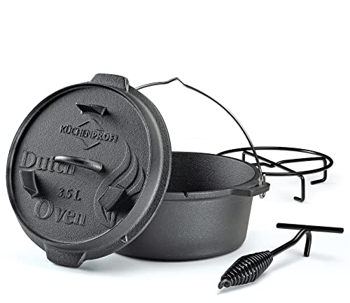 Küchenprofi BBQ Dutch Oven Gusseisen, 3,5L, Ø 24 cm, ohne Füße, fertig eingebrannter, gusseiserner Topf mit Deckelheber, für den Grill, Feuerstellen, alle Herdarten (inkl. Induktion) und Backofen von Küchenprofi