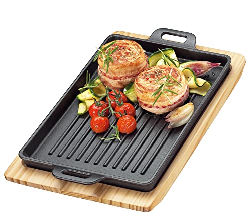 Küchenprofi BBQ Grillpfanne Gusseisen gerillt auf Holzbrett, eckig, 32 x 22 x 3,5 cm, Feuerstelle, alle Herdarten inkl. Induktion, Servierpfanne 0305351026 von Küchenprofi