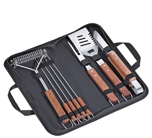 Küchenprofi BBQ-Set Texas, 8-TLG., Grill Zubehör aus Edelstahl, Grillbesteck Set bestehend aus Fleischgabel, Grillzange, Grillspachtel, Grillbürste, 4 Spieße, Holzgriffe, in schwarzer Nylontasche von Küchenprofi