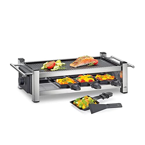 Küchenprofi Raclette TASTE8, Raclette 8 Personen, Edelstahl, antihaftbeschichtete Grillplatte, 8 Raclette Pfännchen (rutschfest), 8 Spatel, Seitliche Griffe, Elektrogrill Tischgrill von Küchenprofi