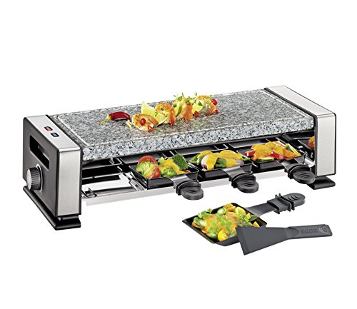 Küchenprofi Raclette VISTA8, Raclette 8 Personen, Edelstahl, Inkl. Marmor-Steinplatte, 8 antihaftbeschichtete Raclette Pfännchen und 8 Spatel, Elektrogrill Tischgrill, Steinplatte Grill von Küchenprofi