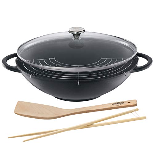 Küchenprofi Wok-Set Gusseisen mit Glasdeckel , Ø 36,5 cm , Authentisches asiatisches Kocherlebnis , Hohe Wärmespeicherung , Wok Pfanne Induktionsgeeignet mit Glasdeckel, Abtropfgitter und Wender von Küchenprofi