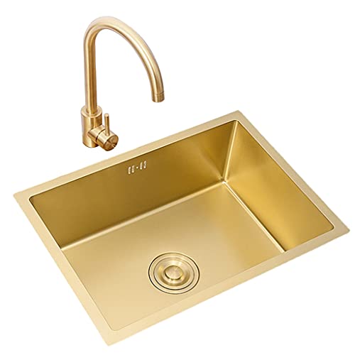 Küchenspülen Einzelnes Becken In Gebürstetem Gold Spüle Aus Edelstahl Quadratische Einbau- Oder Unterbauspüle Mit Wasserhahn Und Abfluss (Color : Gold, Size : 38×26cm) von Küchenspülen