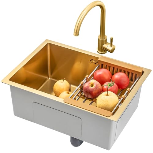 Küchenspülen Einzelnes Becken In Gebürstetem Gold Spüle Aus Edelstahl Quadratische Einbau- Oder Unterbauspüle Mit Wasserhahn Und Abfluss (Color : Gold, Size : 60×40cm) von OMGMTSTORE