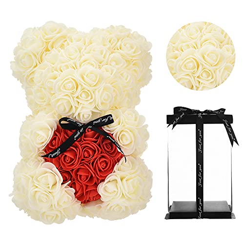 Geschenke für Mama, Geburtstagsgeschenk für Frauen, Valentinstagsgeschenk, Bär, Rose Teddybär in Einer Geschenkbox, vollständig zusammengebaute Geschenkbox, Hochzeit und Jubiläum… (milchig weiß) von Künstliche Blumen